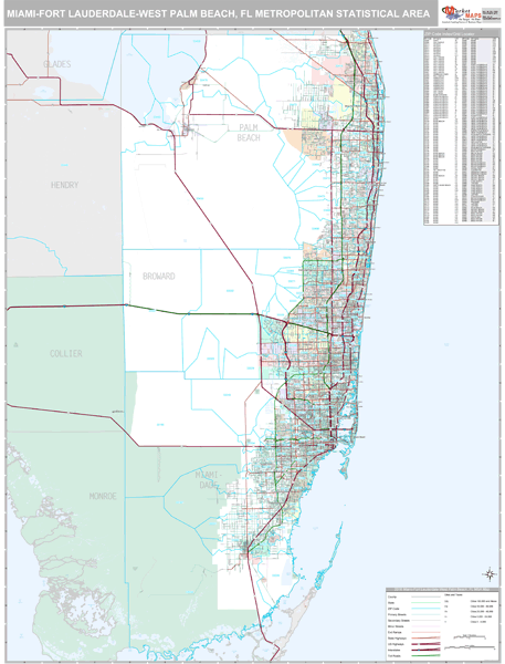 Miami-Fort Lauderdale-West Palm Beach, FL Metro Area Wall Map